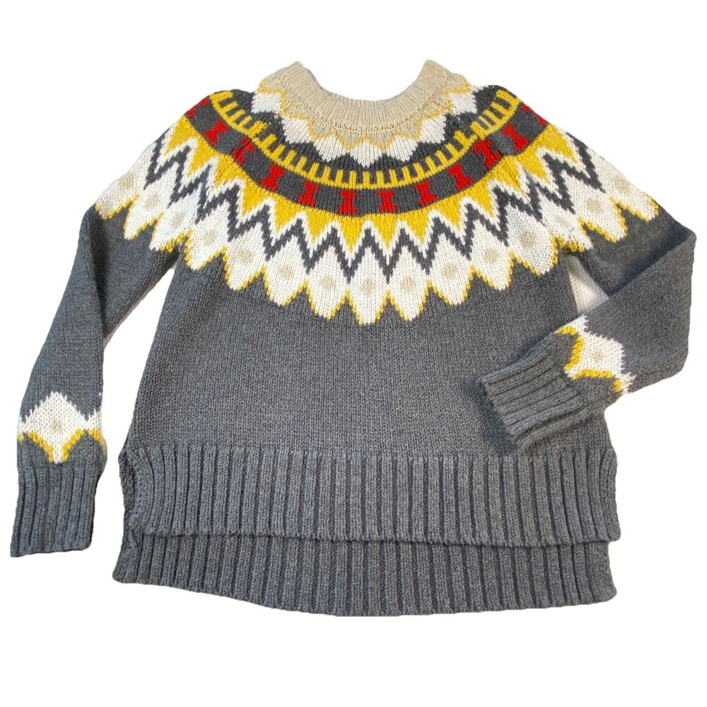 Aerie Pullover Fair Isle Long Sleeve Sweater Oversized Gray Red White XS